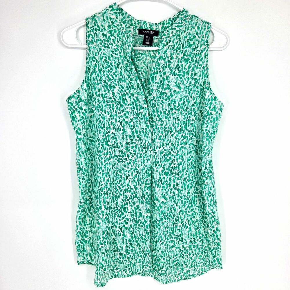 Jones & Co Womens Green White Print V-Neck Sleeveless Blouse Size Small Flowy